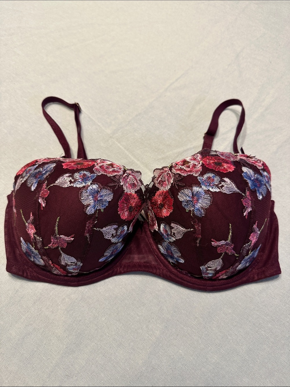 Victoria's Secret Dream Angela Lined Demi Burgundy Floral Embroidered  Bra